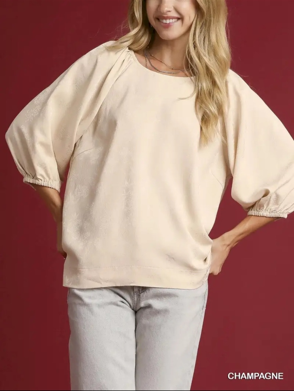 Umgee Boutique Champagne Balloon-Sleeve Pullover Top